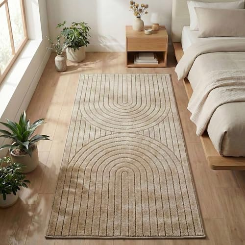 Carpetsale24 Tappeto Runner 80x150 cm Beige, Pelo Corto con Effetto 3D Alto-Basso, Stile Boho Scandinavo, per Soggiorno, Camera o Esterni Terrazza Balcone