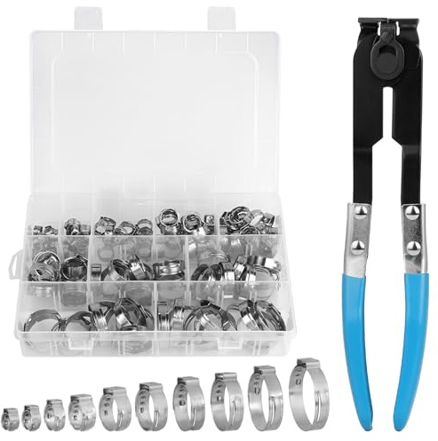 DBREAKS 115 PCS Edelstahl Schlauchschellen Set 304, 10 Größen 5,8-28,6mm | Stufenlos, rostbeständig, mit Klemmzange, dichte Verbindung, für Automobil, Industrie, Rohrsanierung