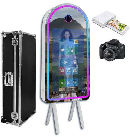 Cabine photo miroir avec écran tactile de 81,3 cm, appareil photo reflex numérique, lumière de remplissage RVB, étui de vol pour fêtes de mariage, événements (machine + appareil photo + mini