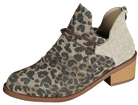 Generisch Rétro Motif léopard Patchwork Toile Arrière Fermeture éclair Talon épais Bottines courtes Bottines pour femme avec talon, marron, 37 EU