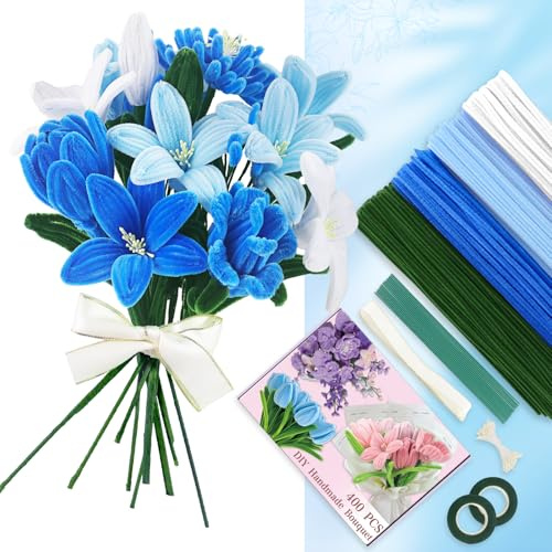 GENHH 400 Stück Pfeifenputzer, Pfeifenreiniger Blumen Bastelset Blau | Pipe Cleaner Basteln 4 Farben Chenilledraht für DIY-Blumensträuße Blumenstrauß Papier Deko Kreativset Handwerk Dekorieren