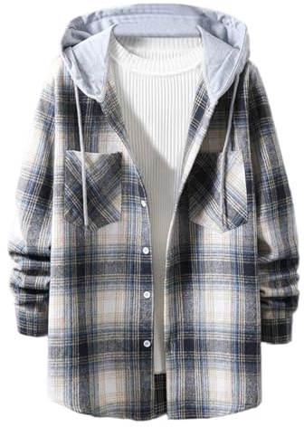 Mens Hoodie Plaid Printed Sweatshirt Tops Patchwork Button Down Sweater with Pockets Thermal Fall Winter Hoodies Long Sleeve Hooded Jacket Blouse Going Out Hiking Sweatshirts Comfort Jumper Gray