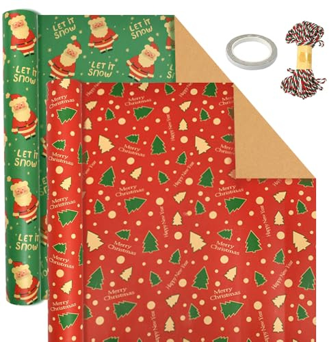 VGECEE 2 Rotoli di Carta da Regalo Natalizia (43cm x 15m) con 10m Cordino e Nastro Biadesivo, Natale Carta da Regalo Kraft Carta Natalizio Kraft Riutilizzabile (Babbo Natale, Fiocco di Neve)