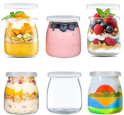 UQMIQURA Lot de 6 pots à yaourt avec couvercle, 200 ml, petits pots à yaourt, transparents, en verre, sans BPA, polyvalents, pour yaourt, dessert, pudding, confiture