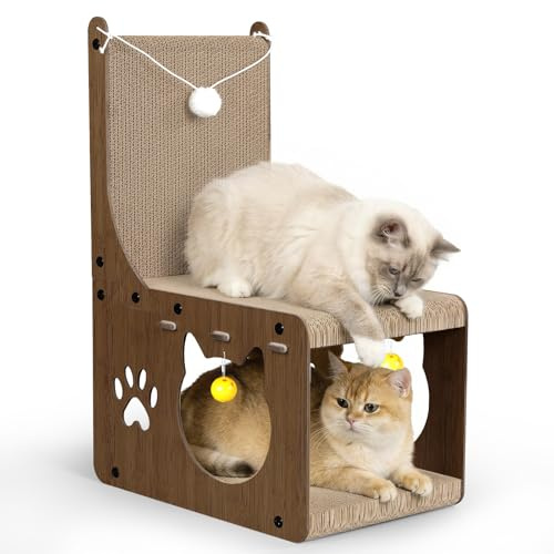 Gimars Rascador para Gatos en Forma de Silla – Cartón para Rascar, Alfombrilla y Tabla Interactiva con Pelotas y Túnel, Protector de Muebles para Gatos de Interior, Nogal