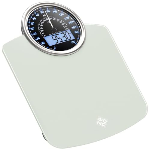 ZENO Hybrid 2-in-1 Digitale & Analoge Körperwaage bis 180 kg - Dickes Hartglas - Extra Große Anzeige - Einfach Ablesbare Digitale Personenwaage - NEU - Frostweiß