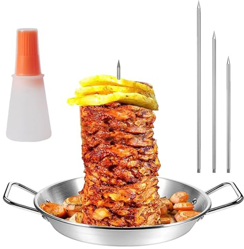 Assiette à kebab et brochette, 10 brochettes verticales en acier inoxydable, poêle à kebab avec 3 tailles de pointes amovibles et brosse bouteille d'huile pour machine steak de saucisses poiss