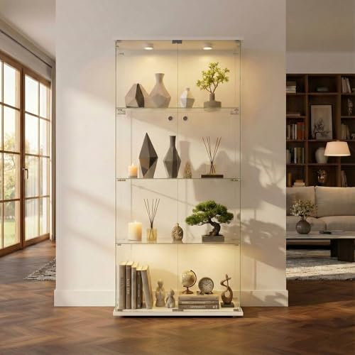 LARFOEK Glasvitrine Standvitrine Weiß mit LED Beleuchtung, 164,5x80,6x36,5cm Moderne Vitrinenschrank mit 4 Glasböden und 2 Türen, Glasschrank für Wohnzimmer Büro Sammlerstücke Wein Bücher