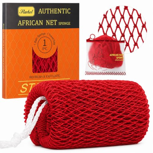 Starhot African Net Sponge Authentic with Knots, Fade-Resistant Exfoliating Body & Back Scrubber, Long Quick-Dry Shower Net Loofah for Bath, 30+ Colours (red)