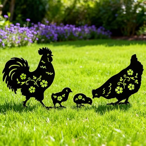4 Stück Garten Deko Hühner Gartenstecker, Gartenfiguren Hühner Deko Metall Für Draußen Wetterfest, Gartenstecker Frühling Metall Huhn Schwarz, Gartendeko Huhn Figur für Outdoor Zaunhocker Rasen Hof
