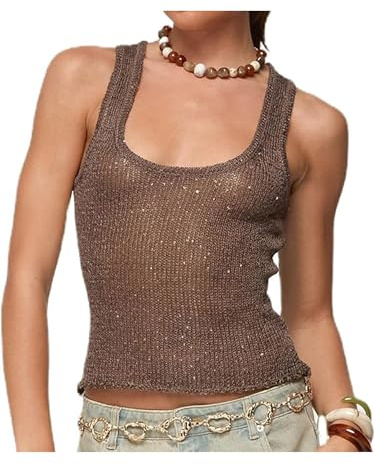 Women's Sparkling Sequins Tank Tops Sleeveless U Neck Glitter Slim Fit Vest Y2K Tops Party Rave Streetwear