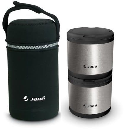 Jané Termos de Acero Inoxidable - 2 Termos de 500 ml, Uso Independiente, Cierre Hermético, Incluye Bolsa de Transporte, Gris