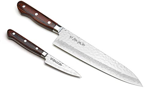 Yoshihiro de Damas 16 Couche martelé en acier inoxydable de Damas Gyuto couteau de chef et d'office/Petty utilitaire Ensemble de couteaux Gyuto: 8.25'' (210mm) & Paring 3.2'' (80mm)
