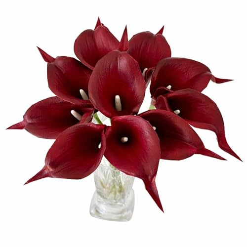 Floral Kingdom Artificial Calla Lily Flowers 10 Pack 14 Inch Burgundy - Real Touch Faux Stems for Home Decor, Table & Entryway Consoles, Wedding Centerpieces