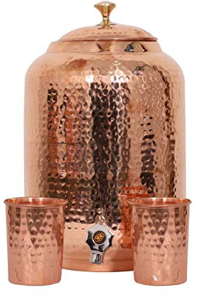 Handicraft Handloom Indian Handmade Pure Copper Water Dispenser Pot 4 Liter Ayurveda Healing Storage Tank With 2 Hammered Glasses
