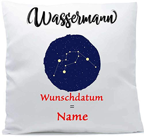 SL-Store GbR Kissen mit Namen Sternzeichen Wassermann Datum 40x40 cm inkl. Füllung Kuschelkissen Wunschtext, Kissen Farbe:Vorderseite weiß/RS rot