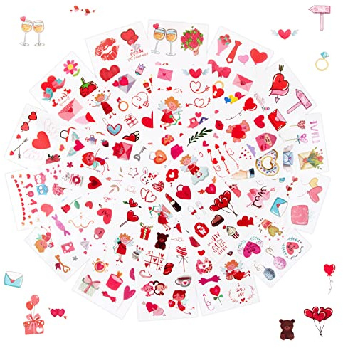20 Blätter Temporäre Tattoos Valentinstag Tattoos Set, Wasserdichte Temporäre Körperaufkleber Liebe Herz Tattoo Aufkleber für Hochzeit, Valentinstag Party