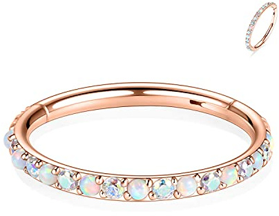 hengkaixuan 16G Nasenringe Creolen Rose Gold Conch Piercing Schmuck Septum Clicker 316L Chirurgenstahl Segment Helix Knorpel Ohrringe Creolen 6mm Daith Piercing Schmuck mit AB CZ White Opal
