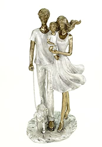 formano Dekofigur Familie mit Hund Moderne Paar Skulptur 26 cm Familienskulptur aus Kunststein – Edle Silber-Gold Optik – Stilvolle Geschenkidee für Zuhause & Wohnzimmerdeko