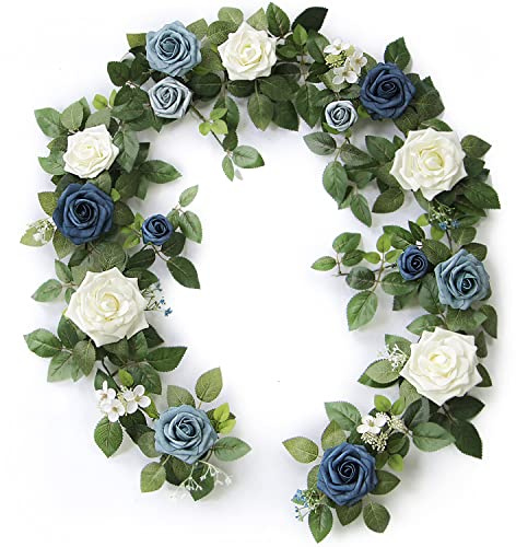 PONATIA 5FT Handcrafted Artificial Rose Flower Garland, Dusty Blue Flowers Greenery Garland for Wedding Ceremony Garlands Backdrop Arch Flowers, Ceremony Reception Table Decorations