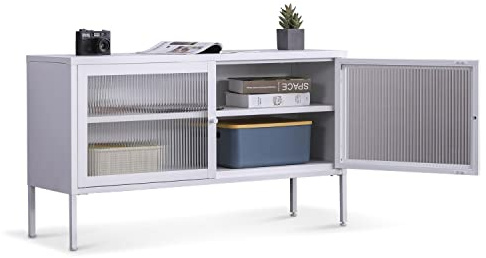 Coemo Sideboard Weiß Tokio - Lowboard Beistellschrank fürs Wohnzimmer oder Schlafzimmer als Aufbewahrungsschrank - Metall Schrank mit Regal Ablage und Glastüren - Kommode Weiß für Bücher und Deko