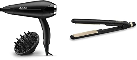 BaByliss ST089E Placa alisadora con revestimiento cerámico, multivoltaje,negro & D572DE Secador de pelo iónico con motor DC 2200W de potencia,peso ligero 409 g, negro
