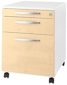 Rollcontainer mit Schubladen, abschließbar & vormontiert, Aktenschrank mit Utensilienauszug, Büroschrank, Schreibtisch Schrank, Büro Unterschrank Hängeregisterauszug, Schubladenschrank, weiß/ahorn