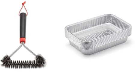 Weber Three-Sided Grill Brush Dreiseitige Grillbürste, 30 cm, Schwarz/Silber, 6277 & 6415 Small 7-1/2-Inch-by-5-inch Aluminum Drip Pans, Set of 10