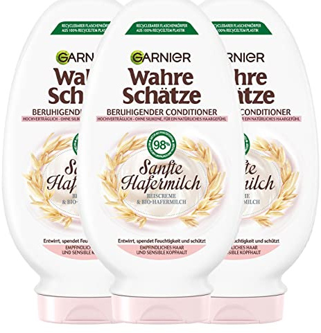 Garnier True Treasures Lugnande balsam mild havremjölk, reder ut och återfuktar, för känsligt hår och känslig hårbotten, 3 x 200 ml