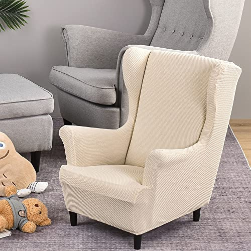 Highdi Kinder Sesselhusse Ohrensessel aus Jacquard, Kindersessel Bezüge Hoher Rücken, Elastischer Elasthan Sesselhusse für Relaxsessel, Fernsehsessel, Lesesessel (Beige)