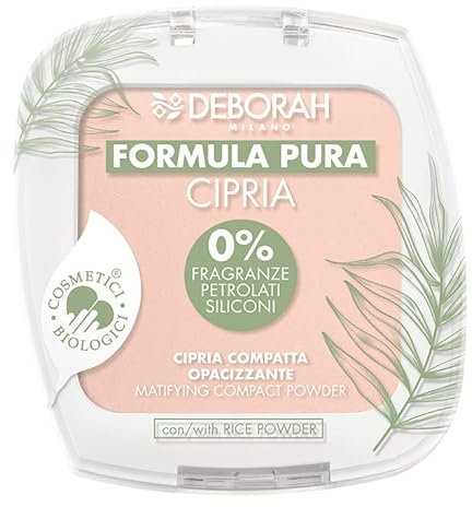 Deborah Milano - Cipria Compatta Opacizzante BIO Formula Pura, Ingredienti Naturali e Biologici, Finish Matte, Texture Leggera e Vellutata, Senza Parabeni, Siliconi, Fragranze, Colore: Fair 1, 10 g
