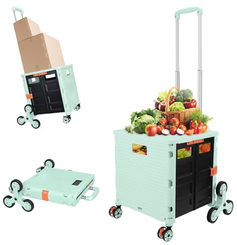 FELICON SELORSS Folding Utility Cart Portable Rolling Crate Handcart with Stair Climbing Wheels&360°Swivel Wheels Telescoping Handle Plastic Box Dolly for Travel Shop Move Office Teacher Use(Green)