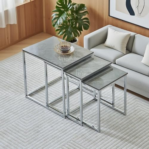 nozama Marble Nest of Tables Set of 3,Grey Gloss Nesting Tables,Sofa End Side Coffee Table for Small Space Living Room Bedroom