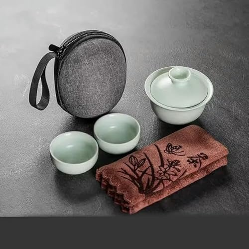QIUMING Service à thé de Voyage Gaiwan Kungfu, Bol à thé en Porcelaine Chinoise avec torchon et Sac de Voyage, Portable pour la Maison, Les Affaires et l'extérieur