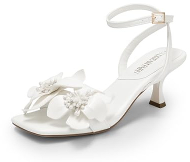 DREAM PAIRS Women's Flower Wedding Heels Cute Square Toe Slingback Low Kitten Heels Sandals with Ankle Strap,Size 7.5,White-Pu,SDHS2436W