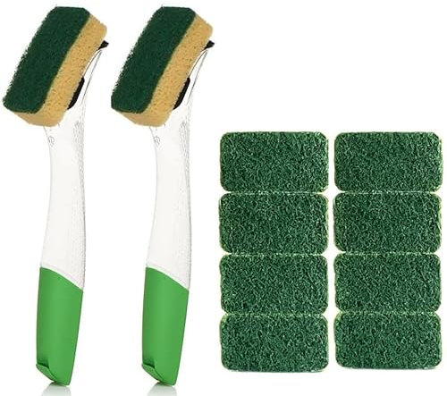 2X Fillable Washing up Brush and Sponge Bundle- Easy Grip Dish Cleaner - with 8X General Purpose Brush Sponge Refills