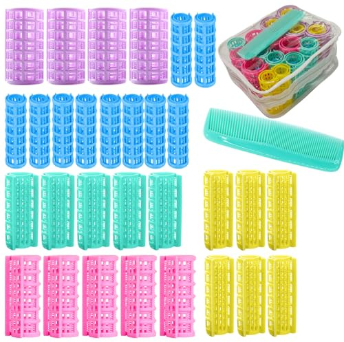 30Pcs Plastic Hair Rollers Set, Snap on Rollers Self Grip Hairdressing Curlers No Heat Rollers for Long Medium Short Thin Fine Hair with Mini Comb (5 Sizes)