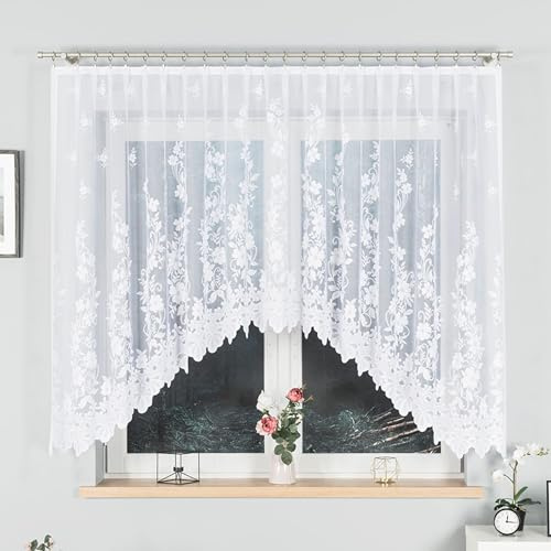 Gardinen Vorhangen Weiß 300x150 cm (BxH) Danuta Stores Küchengardinen Blumen Motiv Gardinen Kurz Jacquard Scheibengardine Vorhänge Fertiggardine Bogen Kurzstores