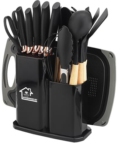 Juego de cuchillos de cocina, paquete de Utensilios de cocina de 19 piezas, que incluye 5 cuchillos y 13 Utensilios de cocina de silicona,1 caja de almacenamiento (negro)