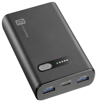 Cellularline - Fast PD 10000 - Caricabatterie Portatile Veloce - Power Delivery 10000mAh -+72 Ore di carica - Porta USB-C: INPUT 18W/OUTPUT: 20W PD - 2 Porte USB: OUTPUT: 18W - Nero