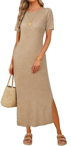 Arach&Cloz Womens Summer Wool Blend T Shirt Maxi Dress 2026 Spring Casual Short Sleeve Crew Neck Slit Fashion Sweater Knit Long Dresses Trendy Travel Vacation Outfits Kahki L