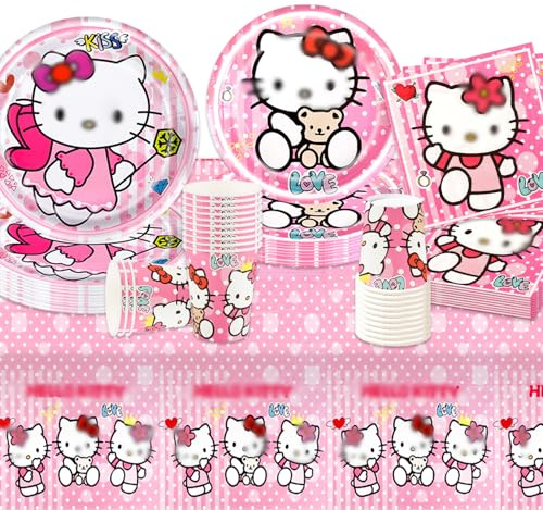 Katzen Pappteller Kindergeburtstag Deko Mädchen- KiTy Geburtstag Geschirr Tableware Set Geburtstagsdeko Partygeschirr Party Supplies Deko Tischdecke Servietten Teller Tassen Partyzubehör für 10 Gäste