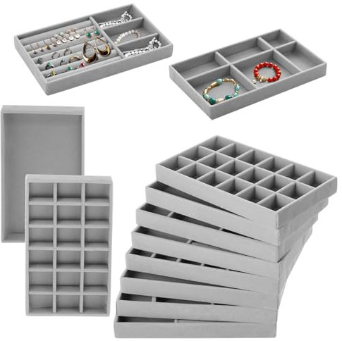 Rainmae 12 Stück Schmucktablett,Samt Schmuckeinsatz für Schubladen,Stapelbar Schmuck Organizer,Schmuckaufbewahrung Schublade für Ohrringe Ring Armband Broschen Halsketten