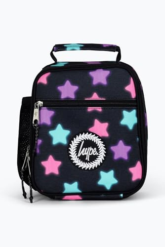 hype Unisex Lunch Box, Black Multicolour Star Glow | Insulated school food bag with roomy main section, thermal lining, bottle holder, grab handle and wipe-clean surface