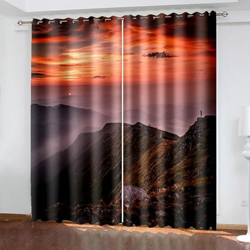 Bishilin Vorhänge Blickdicht Fenster mit Ösen 2er Set 86x115CM, Gardinen Verdunkelung mit Muster Natur Sonnenuntergang und Gebirge Verdunklungsvorhänge Wohnzimmer Kinderzimmer