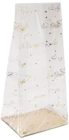 Ideen mit Herz Blockbodenbeutel | Folien-Druck gold | elegante Geschenk-Verpackung | Keks-Tüte | lebensmittelecht | 12 cm x 8 cm, 25 cm | 30 Stück (Liebe Grüße)