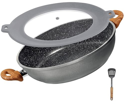 STONELINE Made in Germany Servierpfanne 28 cm Set 3-teilig Antihaft Pfanne Hoher Rand mit Deckel, Beschichtet mit echten Steinpartikeln, Induktionspfanne für alle Herdarten und Backofen, Holzoptik