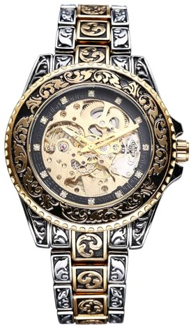 JewelryWe Herrklocka, vintage, skelett, automatisk klocka: Antik guld, 36 timmar, gångreserv, automatisk mekaniskt armbandsur för män, rostfritt stål, automatisk klocka med lysande visare