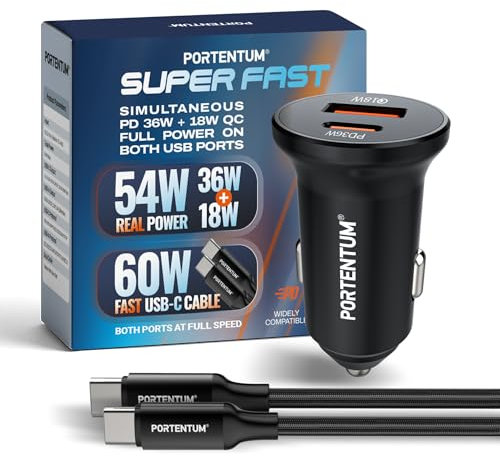 PORTENTUM Dual Simultaneous Car Charger 54W - 60W USB Type-C Cable Fast Charging - Car Battery Charger Mobile Phone - USBC PD 36W + USBA QC 18W - For iPhone iPad Android