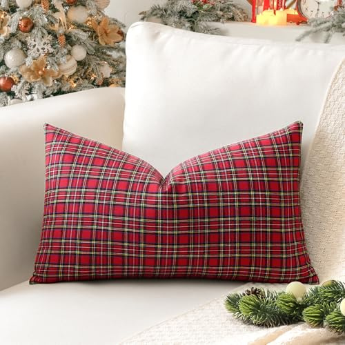 Sungeek 1 Stück Weihnachten Schottisches Karo Kissenbezug, Plaid Tartan Dekorativ Zierkissenbezüge Kariert Kissenbezüge Dekokissen Deko Bezug Kissenhülle für Sofa Schlafzimmer 40x60cm (Rot B)